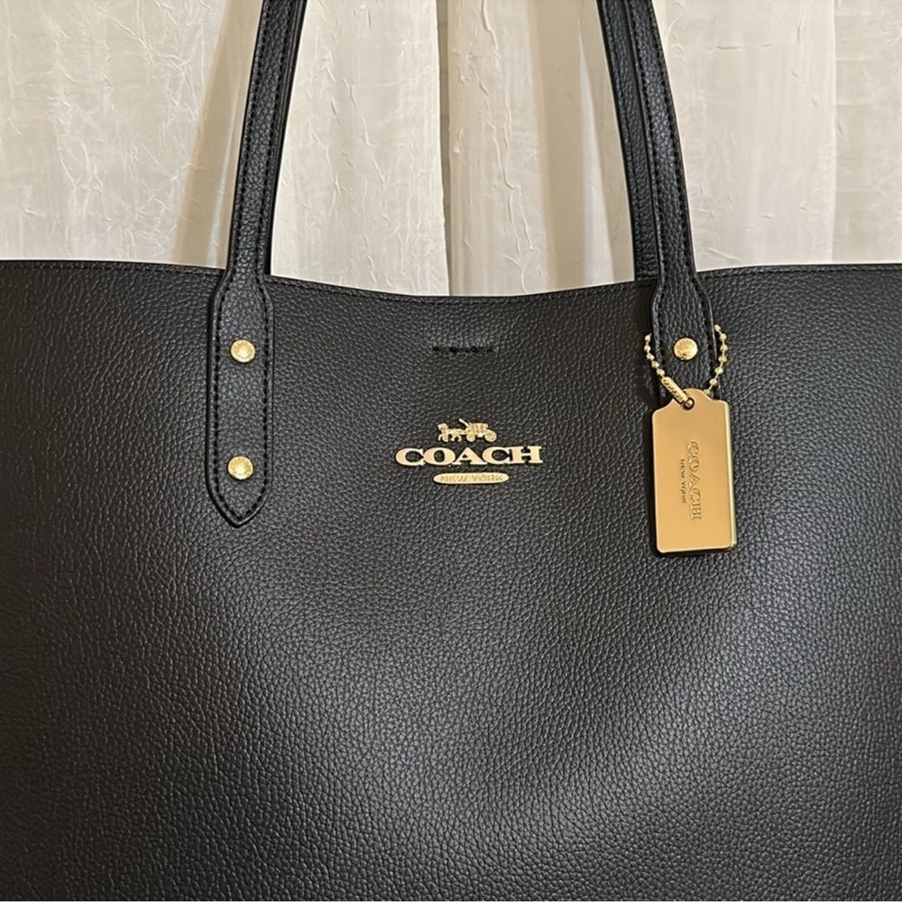 COACH Black Leather Gold Tone Logo Town Tote - Picture 3 of 13